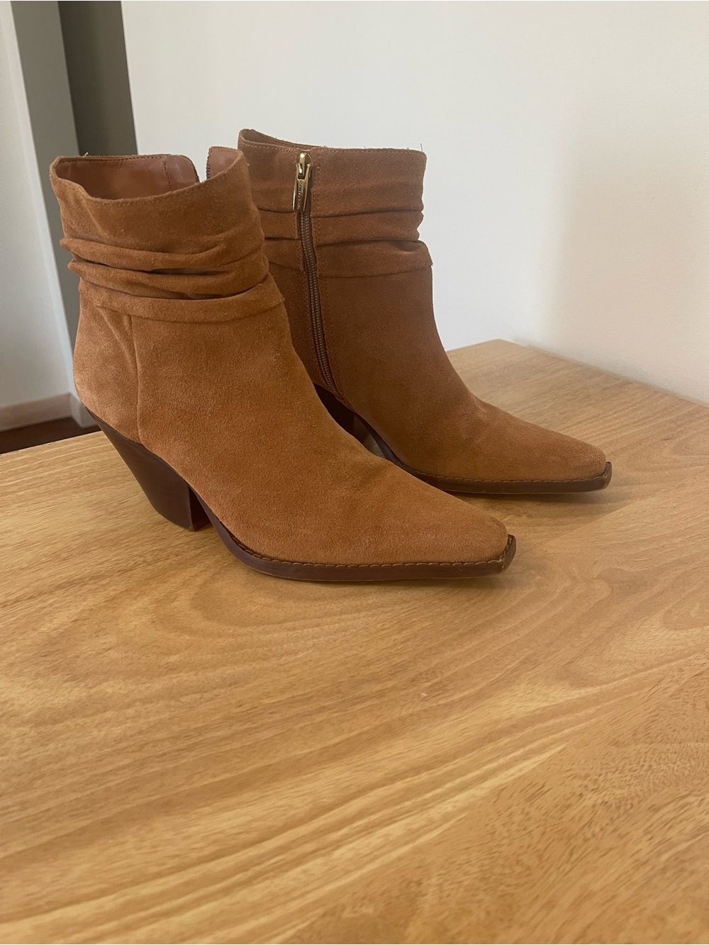 Vince Camuto Tan Suede Pointed Toe Slouch Ankle Boots